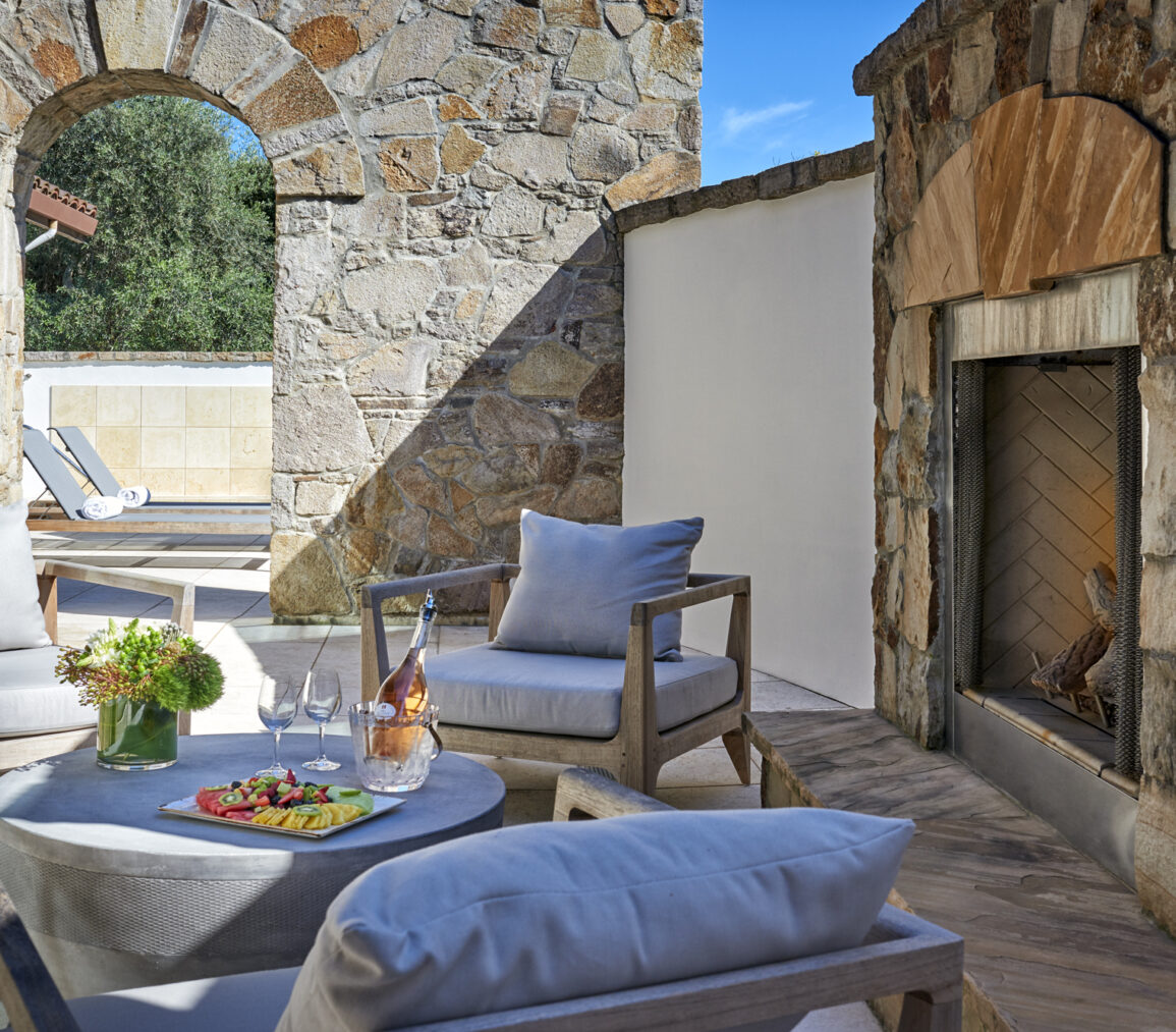 the spa outdoor fireplace with food.