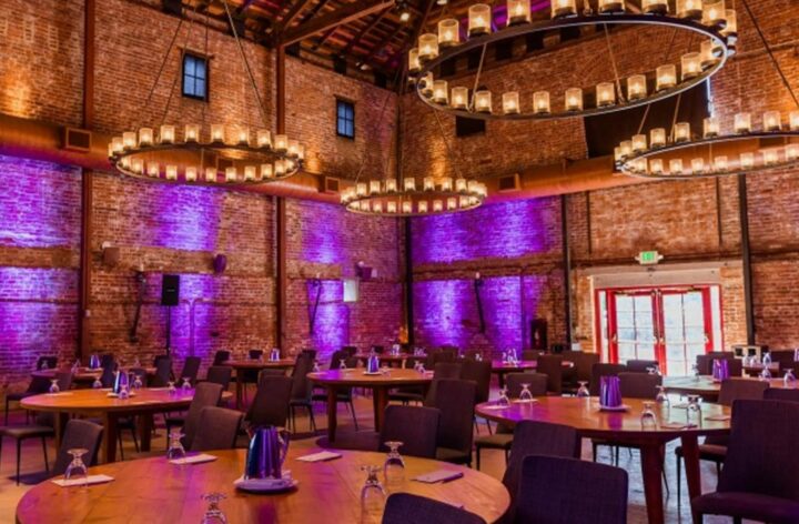 barrel room with purple lights.